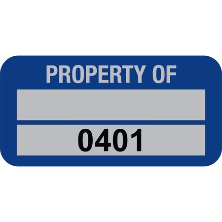 Lustre-Cal PROPERTY OF Label, 5 Alum Dark Blue 1.50in x 0.75in 1 Blank Pad & Serialized 0401-0500, 100PK 253769Ma2Bd0401